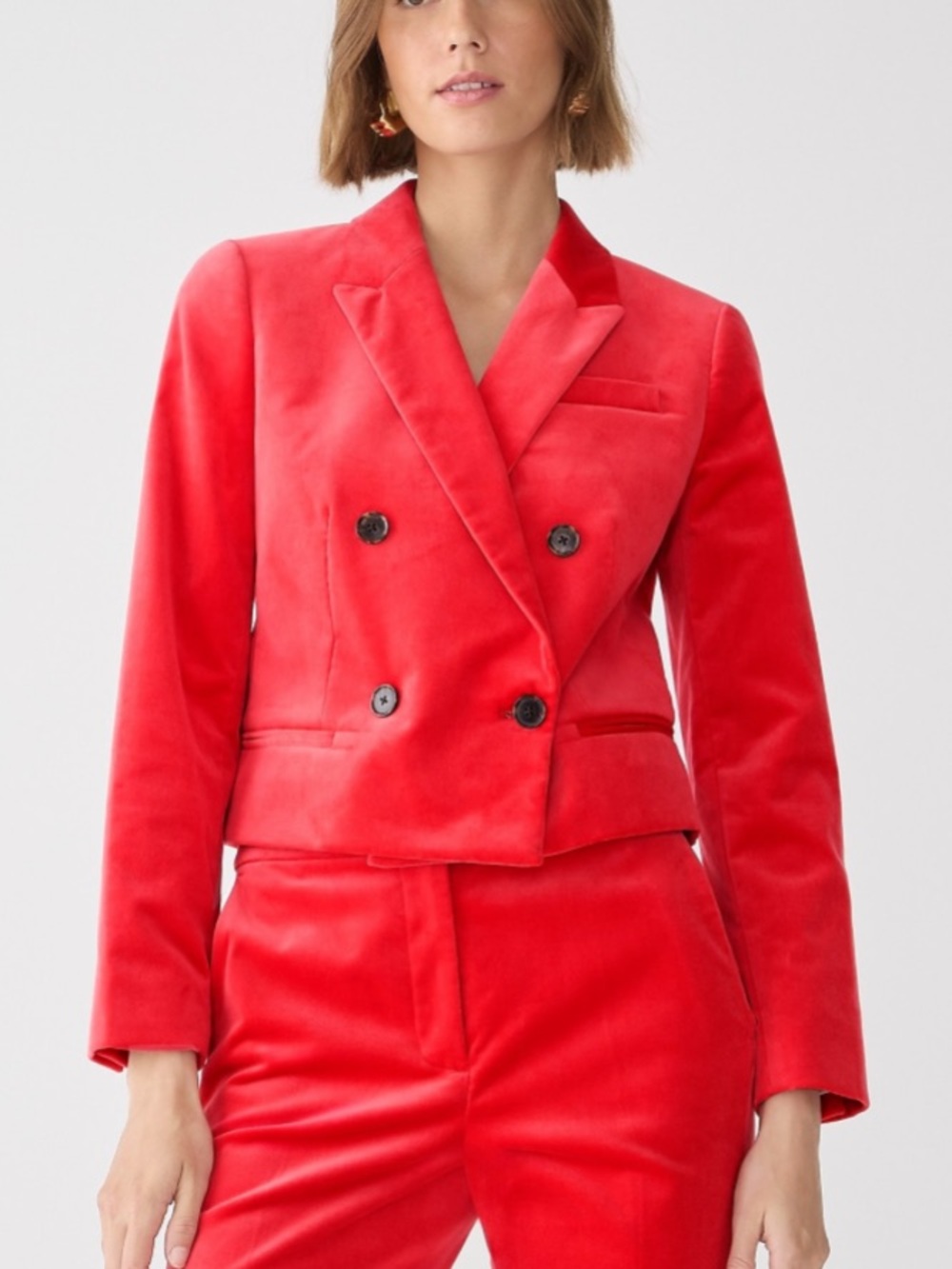 J.Crew Cropped double-breasted blazer in stretch velvet Festival Red 4